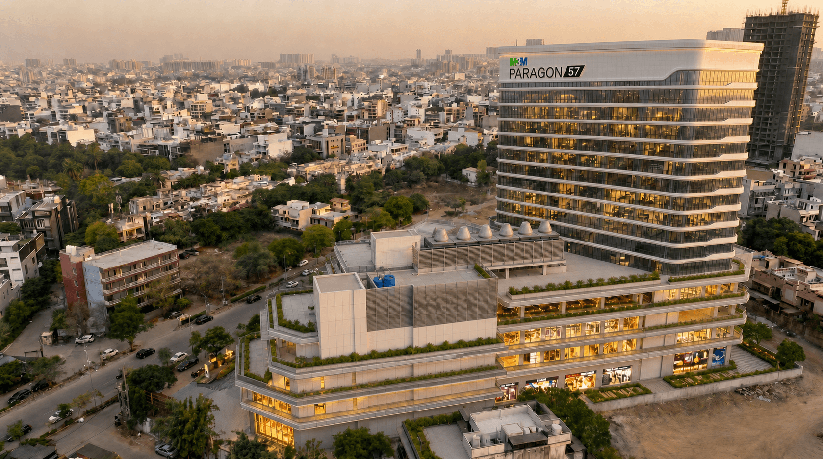 M3M Paragon 57 Sector 57 Gurugram aerial dusk eastside