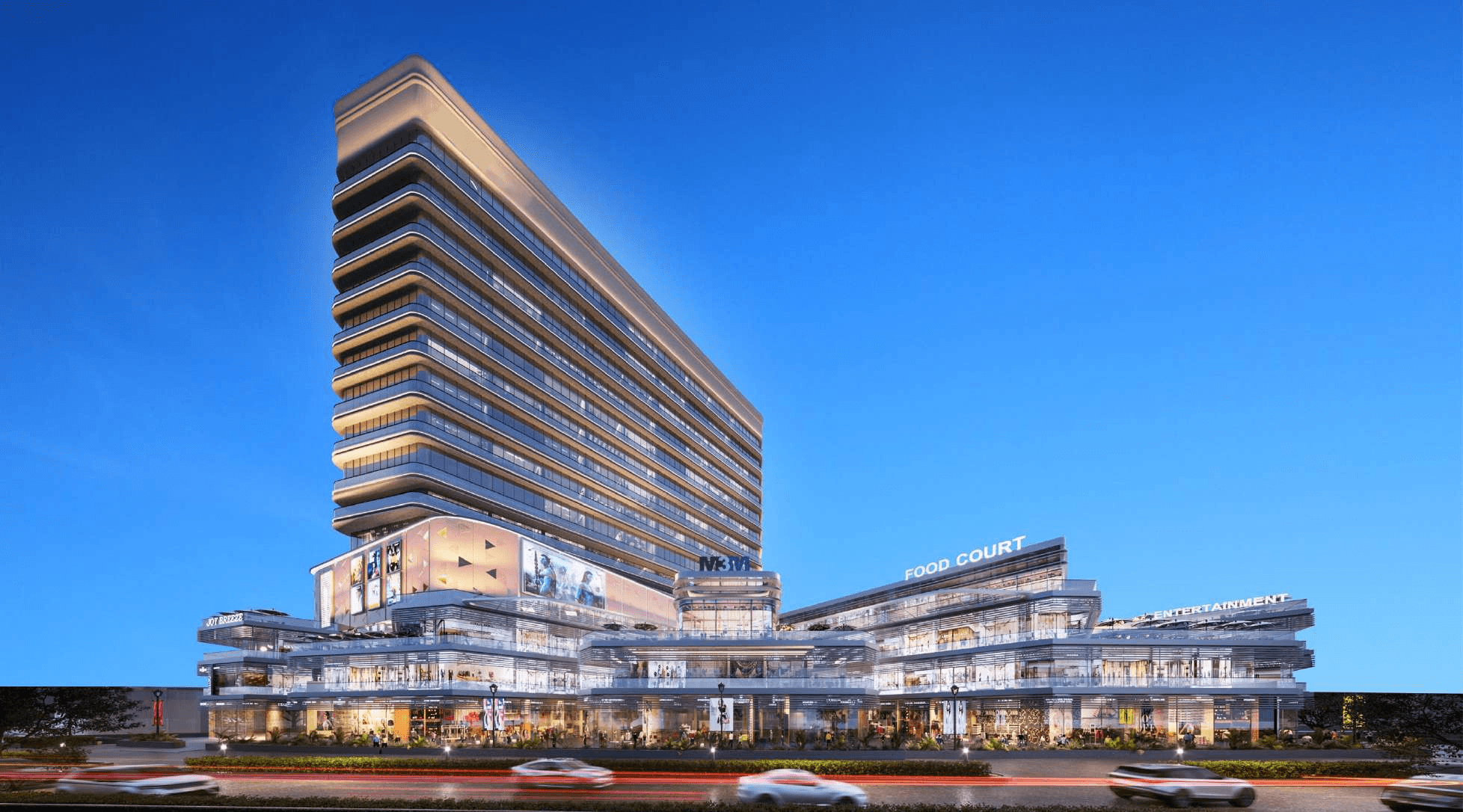 M3M Paragon 57, building exterior at dusk